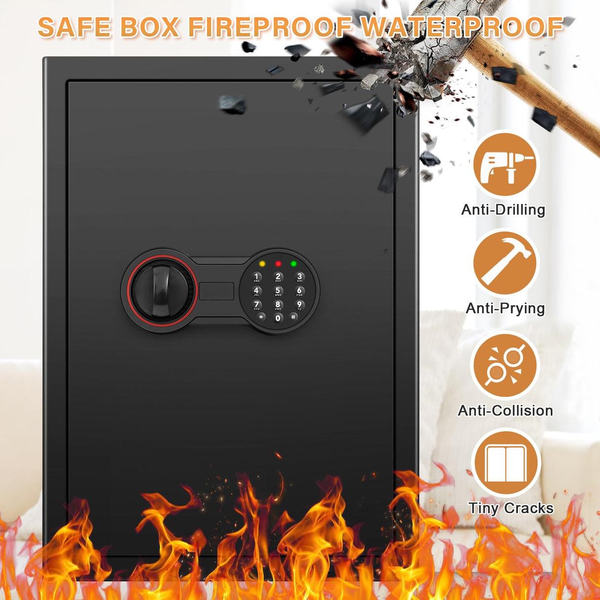 3.0 Cub Large Home Safe Fireproof Waterproof, Anti-theft Fireproof Safe Box with Programmable Keypad, Spare Keys and Removable Shelf, Digital Security Safe for Home Money Firearm Documents Medicines Bukumo