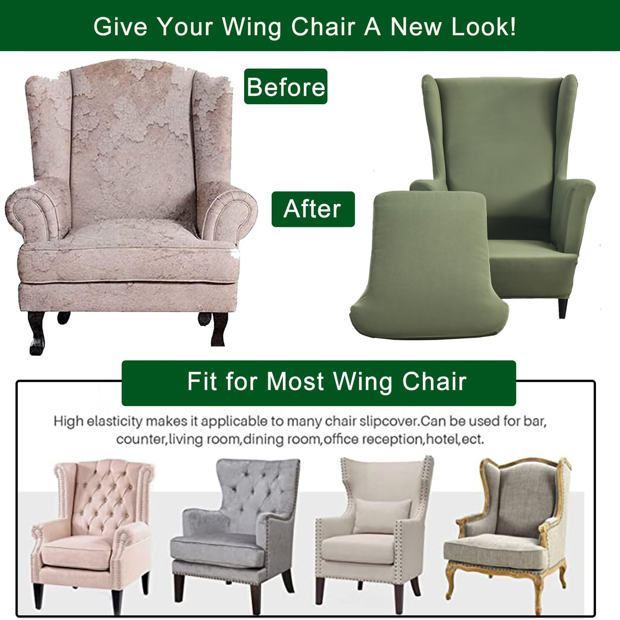 CRFATOP Polyester Wing Chair Covers 2 Piece Stretch Wingback Chair Slipcover Solid Wingback Armchair Covers with Elastic Bottom for Living Room Bedroom Wingback Chair,A32 CRFATOP