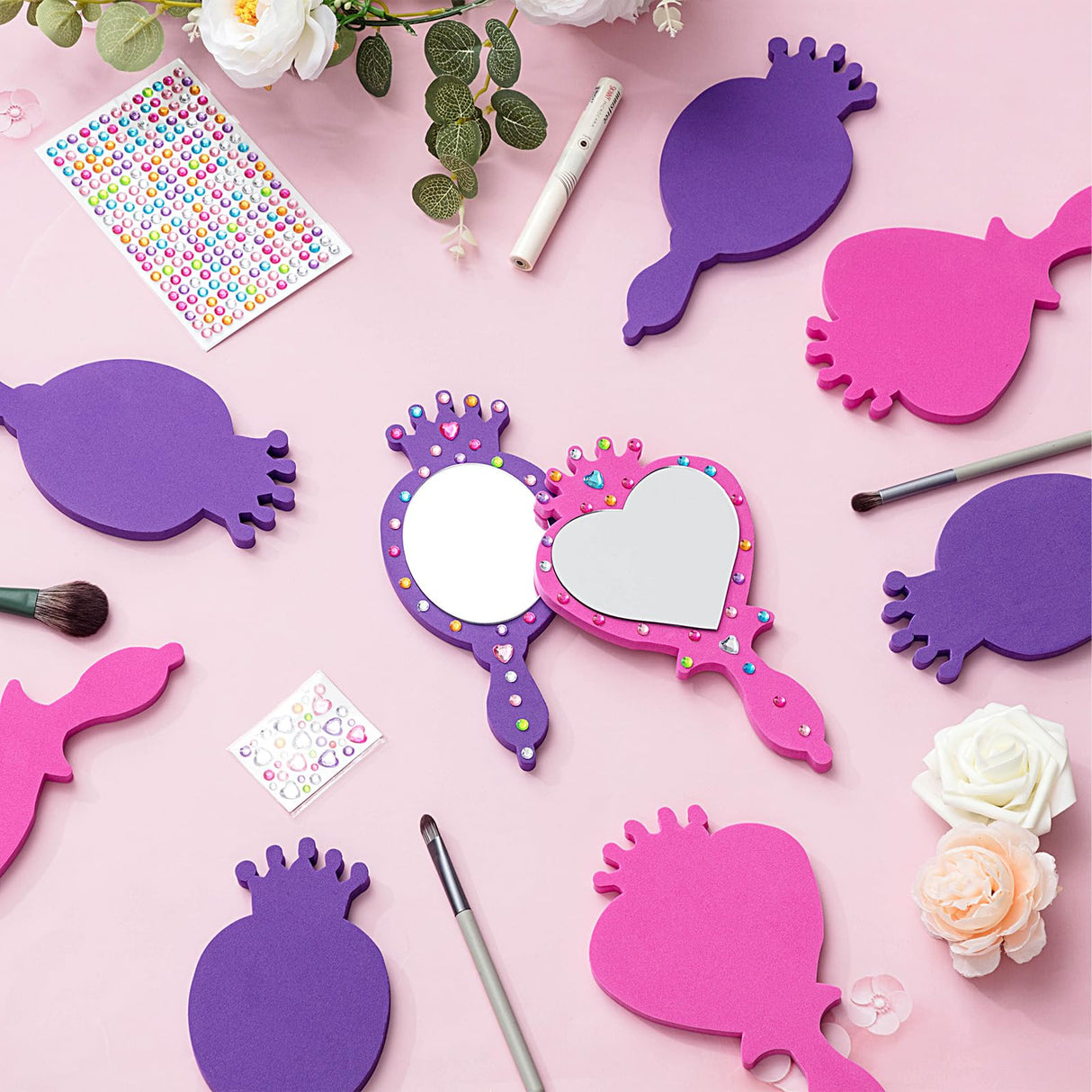 Geetery 20 Pcs Unbreakable Kids Mirror DIY Decorate Your Own Princess Mirror Mermaid Princess Foam Small Crafts for Princess Party Decorations(Purple, Pink) Geetery