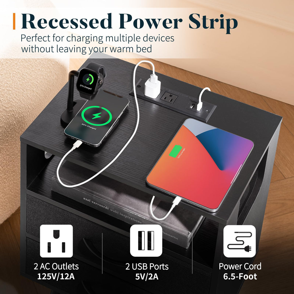 Yoobure LED Night Stand with Charger Station, Mid Century Modern Nightstand with Fabric Drawers, Bedside Table Nightstands with Storage Shelf, Bed Side Table Small Night Stands for Bedroom Living Room Yoobure