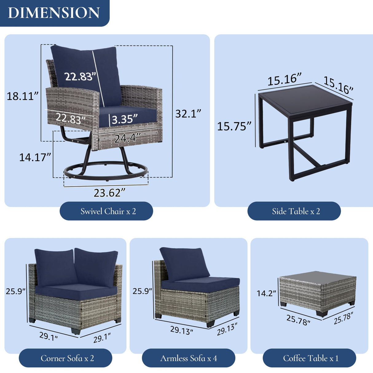 FHFO 10 Pieces Outdoor Patio Furniture Set with Swivel Chairs, Wicker Sectional Sofa Set Rattan Modular Patio Conversation with Cushions Couch & Coffee Table for Garden, Balcony, Porch, Grey-Blue FHFO