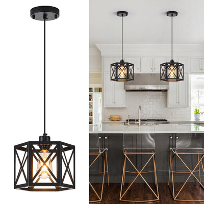 XSDeTu 2 Pack Farmhouse Pendant Lights, Modern Black Hanging Light Fixture with Hexagonal Cage, Industrial Metal Ceiling Lights, Adjustable Lantern Pendant Lighting for Kitchen Island Sink Hallway