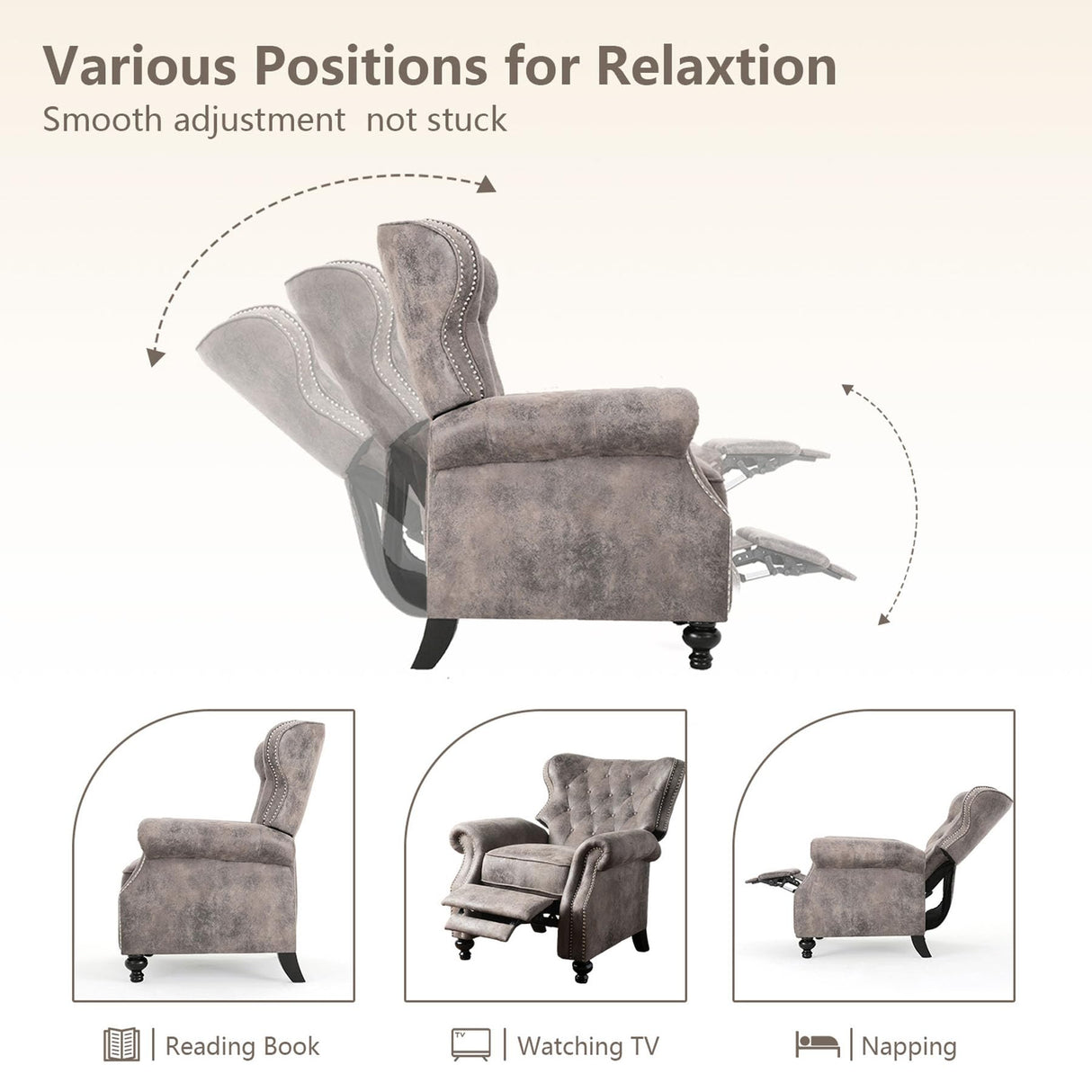 Pushback Recliner Chair, Fabric Armchair Push Back Recliner with Rivet Decoration, Mid Century Wingback Accent Chair for Living Room, Bedroom, Stable Hump Feet (Brown Gray) anwickjeff