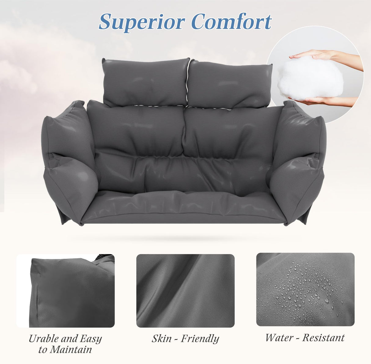 ECOTOUGE Indoor Outdoor Oversized Loveseat, Patio Double Egg Chair, 2-Person Extra Large Rattan Lounge Rocking Glider Chairs w/Pillow and Thicken Padded Cushions for Garden Balcony Sunroom, Grey ECOTOUGE