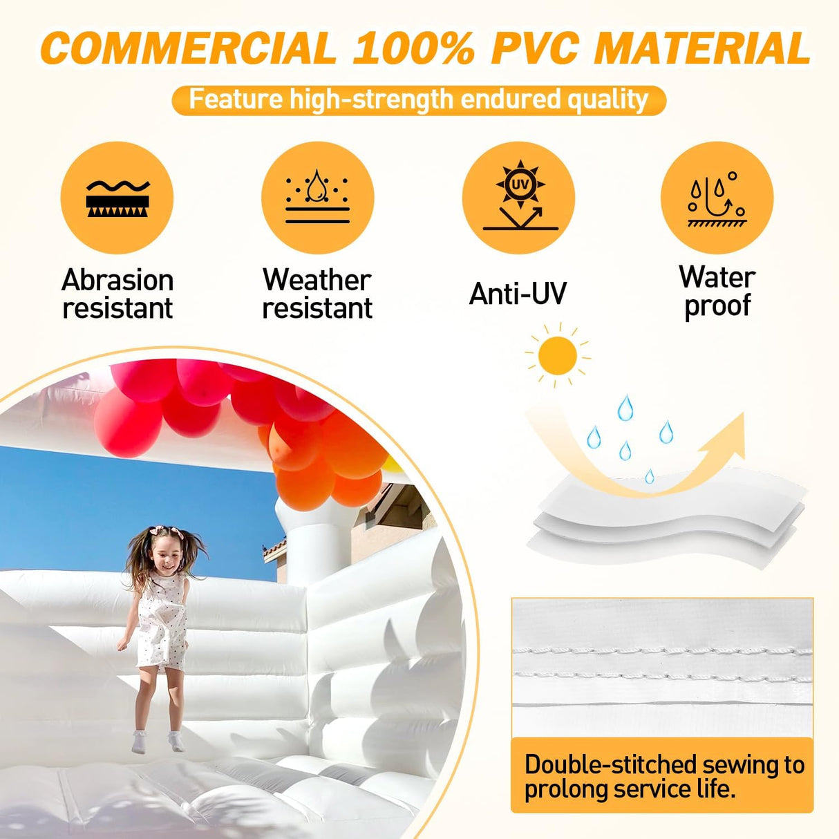 WARSUN 10x8x8FT White Bounce House with Ball Pit & Air Blower All PVC Commercial Grade Inflatable White Bounce House Caslte for Kids Birthday Baby Shower Business Photography WARSUN