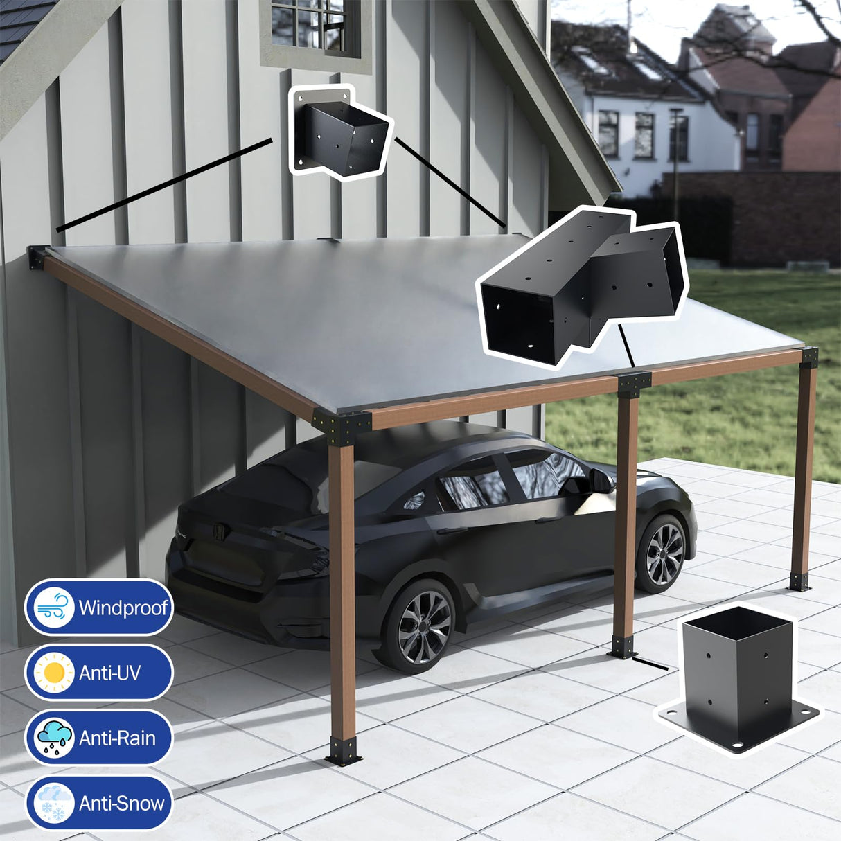 Pergola Kit, 15° 4-Way Slanted Roof Pergola Bracket Set, Powder-Coated Roof Wall Mount Pergola Brackets 4" x 4" (Actual: 3.5x3.5 Inch), Pergola Hardware for Porch Gazebo Backyard (3 pcs) TOCRETOARE