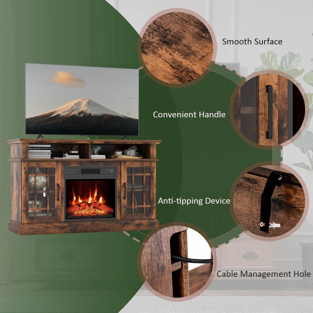 SIMOE Fireplace TV Stand for 55 TV, 48 Inch Tv Stand with 18 Inch Electric Fireplace Heater, Mondern Tv Console w/Cabinets & Doors, 6H Timer & Remote Control for Living Room, Home SIMOE