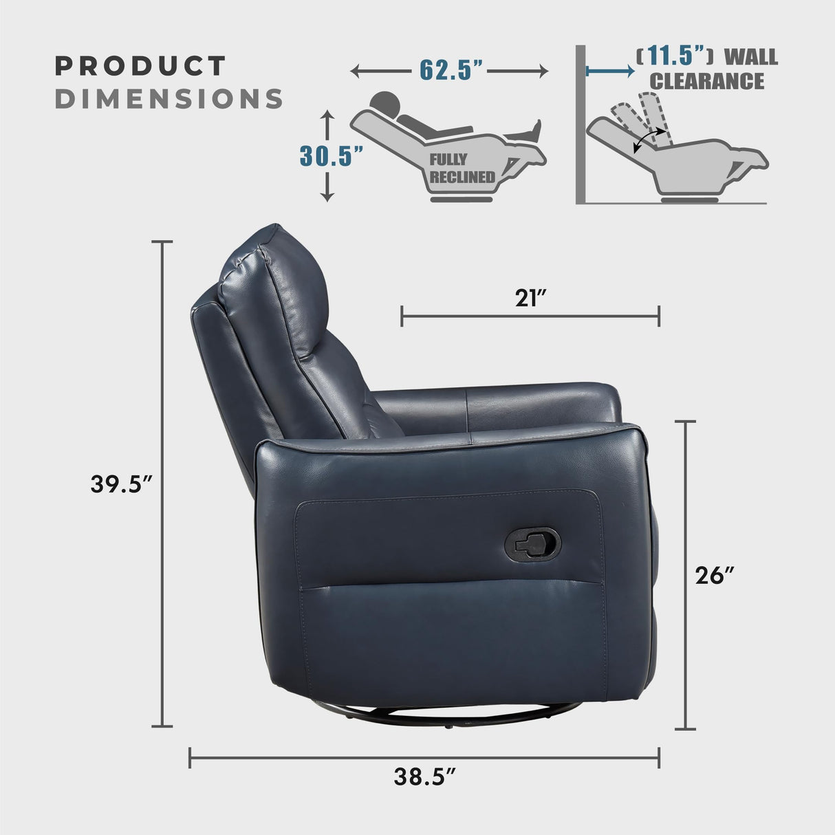 Lexicon Swivel Glider Reclining Chair, Top Grain Leather Match Manual Recliner, Comfy Nursery Glider Recliner, Swivel Reclining Chair for Living Room/Office/Bedroom/Apartment, Dark Blue Lexicon