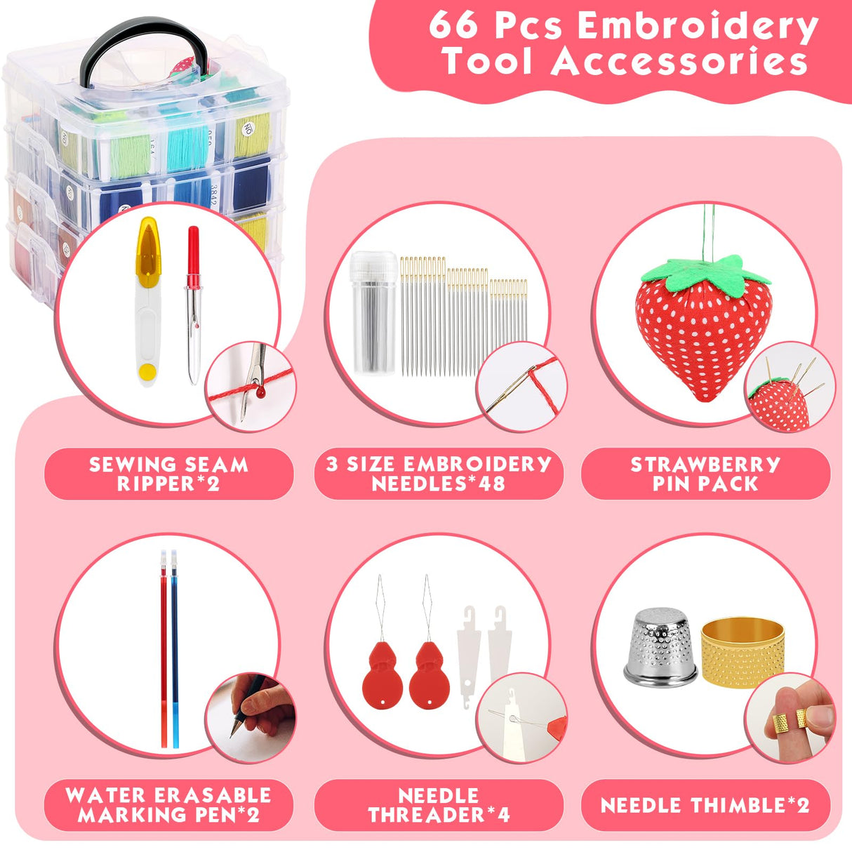 PAXCOO 276 Pack Embroidery Floss Thread Kit Including 210 Colors Cross Stitch Sewing Thread with 66 Pcs Embroidery Accessories and 4-Tier Transparent Embroidery Thread Storage Organizer Box PAXCOO