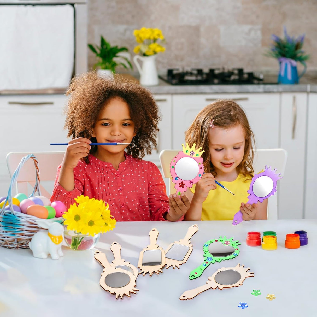 Coloch 12 Pack Wood Mirror Crafts for Kids, DIY Mini Wooden Princess Mirror Unfinished Handheld Mirrors with 2 Painting Brushes and 3 Stickers for Handmade Craft, Birthday, Gift Coloch