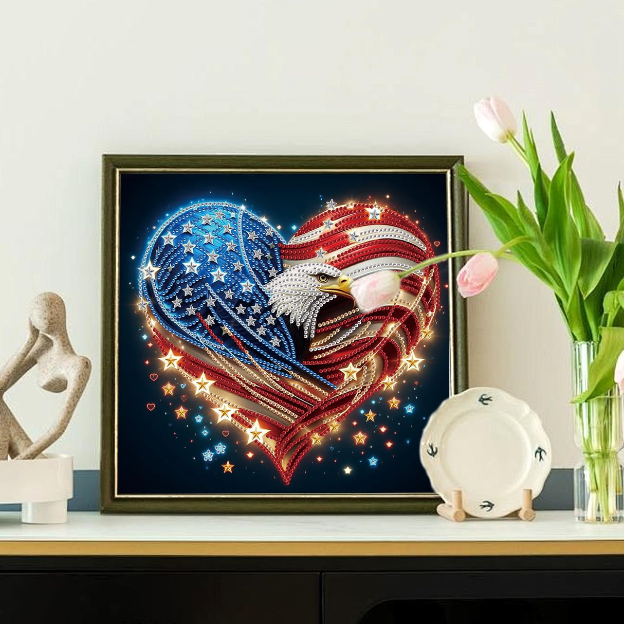 antor Diamond Art Kits for Adults – Special Shape Eagle Heart with American Flag, 5D Crystal Rhinestones Patriotic Diamond Painting Kit antor