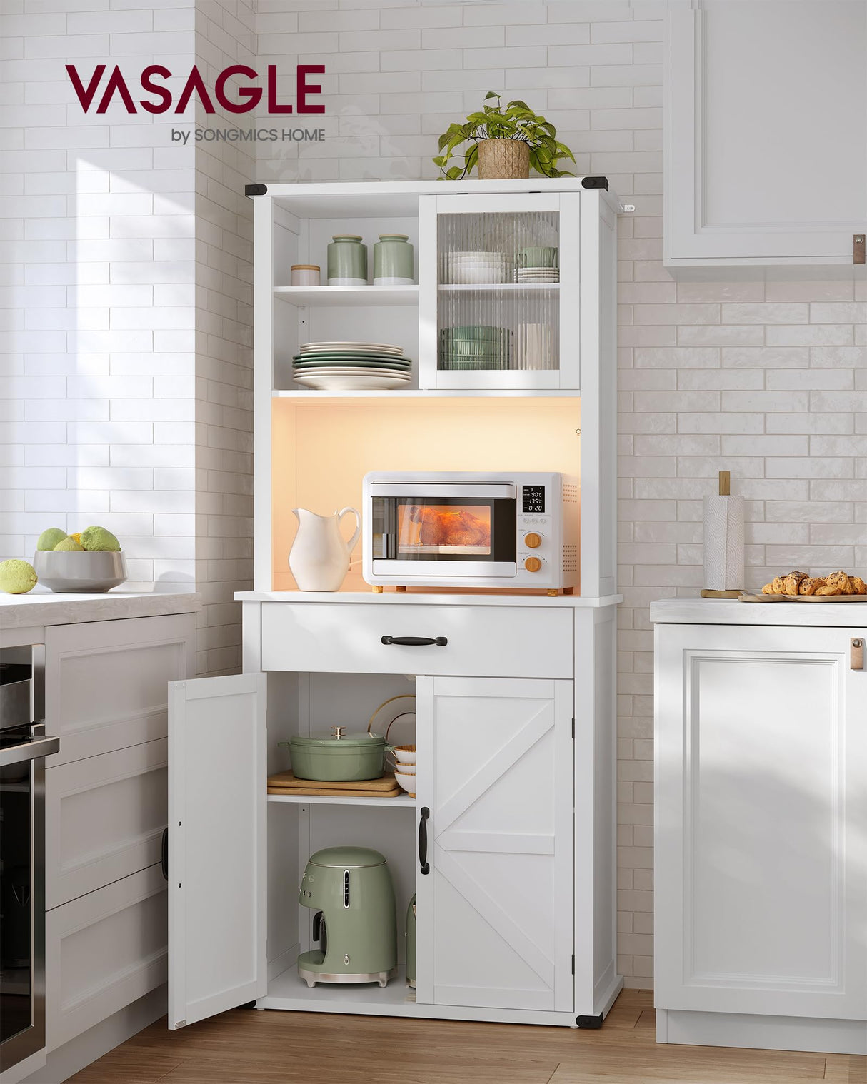 VASAGLE 71" Pantry Cabinet with Lights and Charging Station, Kitchen Pantry Cabinet with Doors and Drawer, Farmhouse Storage Cabinet, Coffee Bar VASAGLE