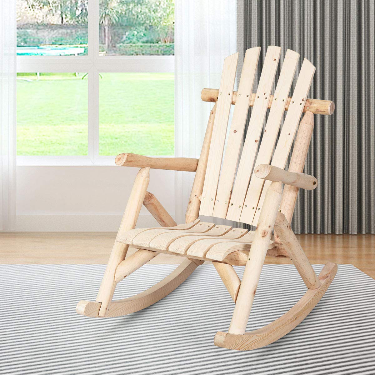 Giantex Log Wooden Rocking Chair, Wood Porch & Patio Rocker with Slatted Seat and Backrest, Adirondack Rocking Chair, Outdoor Accent Furniture for Balcony, Garden, Poolside, Backyard, Natural (1) Giantex