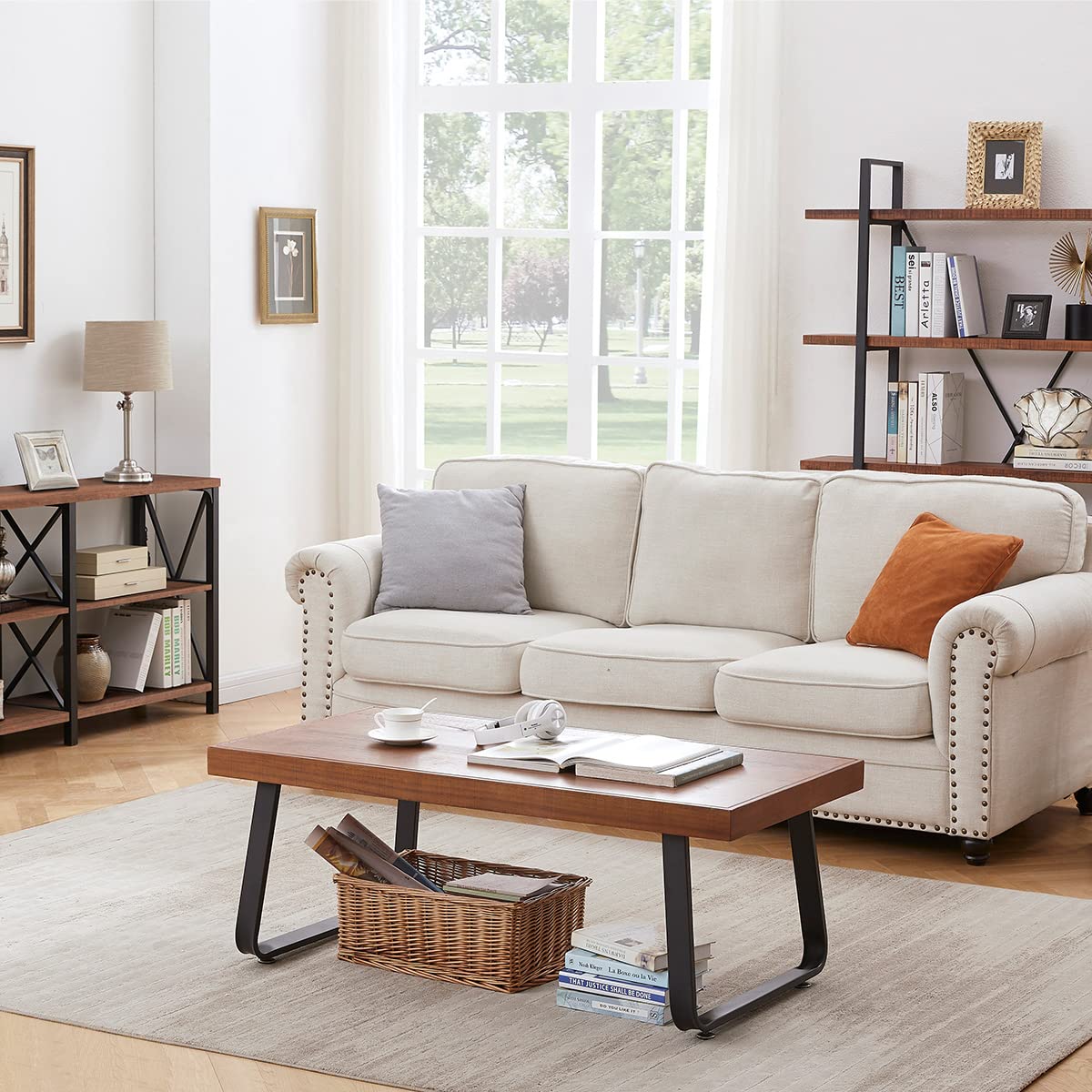 IBF Natural Wood Coffee Table, Rustic Solid Real Wood Center Table for Living Room, Rectangle Metal Modern Industrial Minimalist Wooden Cocktail/Tea Table, Rustic Brown, 47 Inch IBF