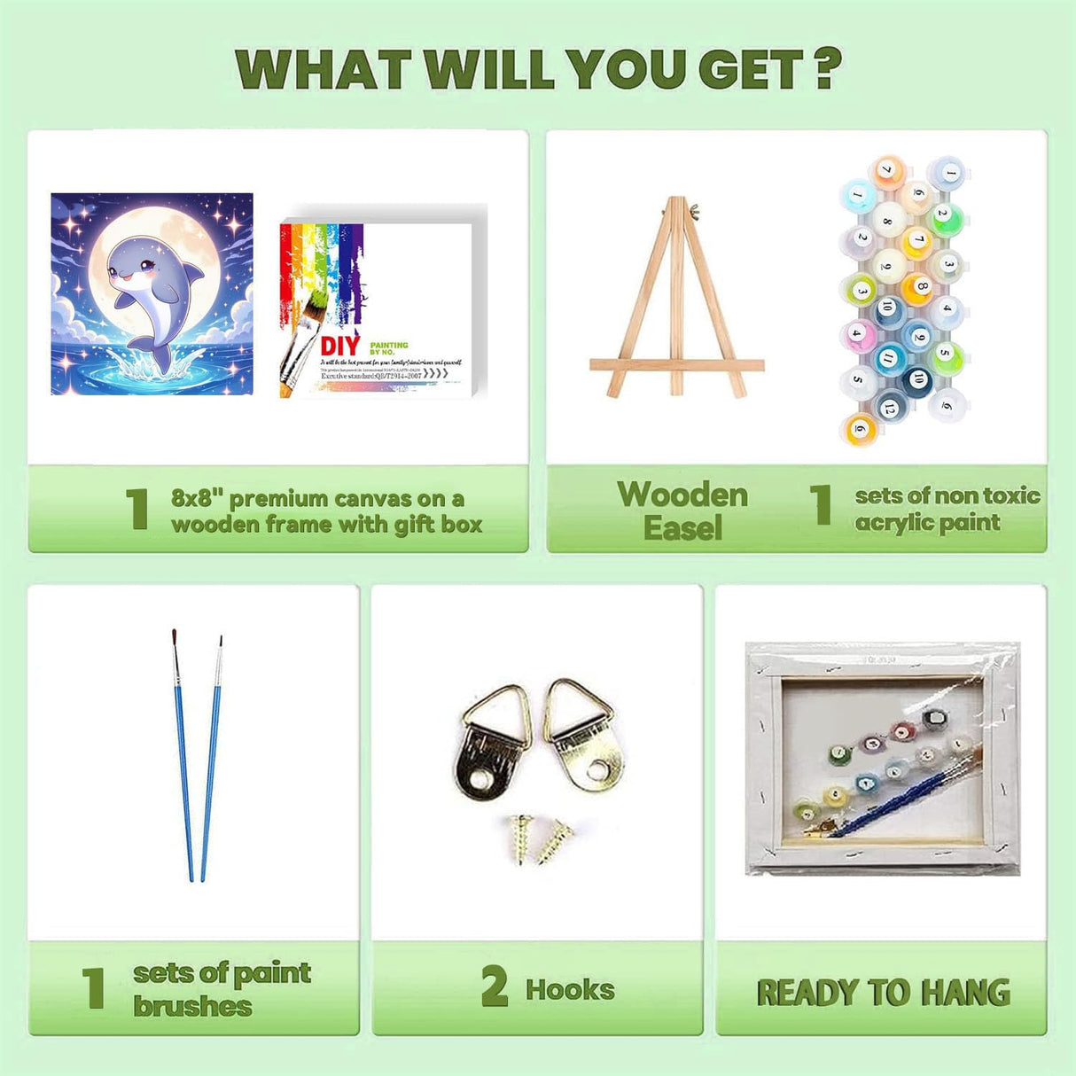 cviokrdu Dolphins Paint by Numbers Kit for Kids with Frame - Wooden Easel, Sea Animals Paint by Numbers for Kids Ages 4 8 12, Easy Acrylic Oil Painting Kits for Home Wall Decoration 8x8 inch cviokrdu