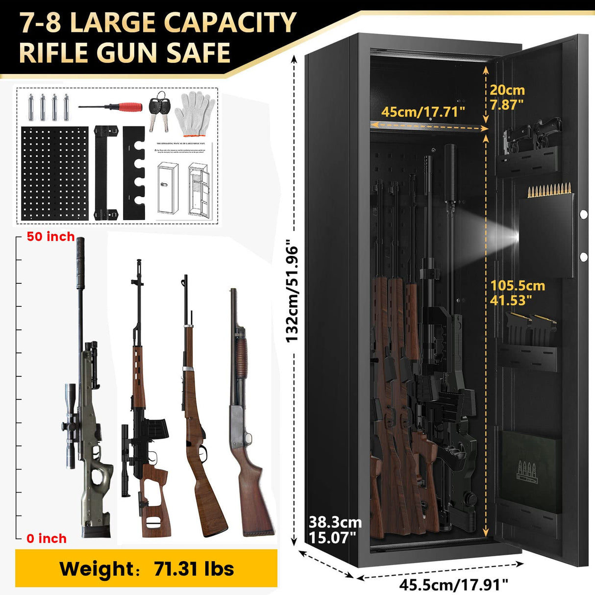 Tepafac Fireproof 7-8 Rifle Gun Safe Gun Cabinet with Removable Shelf, 51" Deeper Long Gun Safes for Home Rifle and Pistols with Silent Mode, Anti-Theft Large Gun Safes for Rifles and Shotguns Tepafac