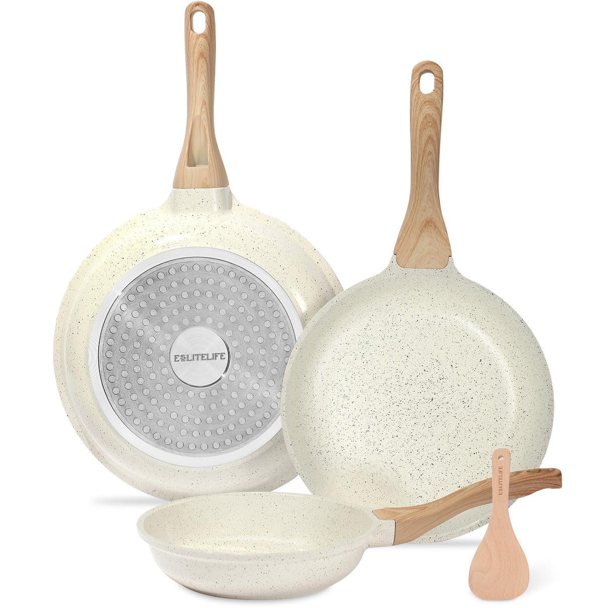 ESLITE LIFE Nonstick Ceramic Frying Pans Skillets Set, Non-Toxic Egg Omelette Kitchen Cooking Pans Compatible with All Stovetops (Gas, Electric & Induction), PTFE & PFOA Free (White) ESLITE LIFE