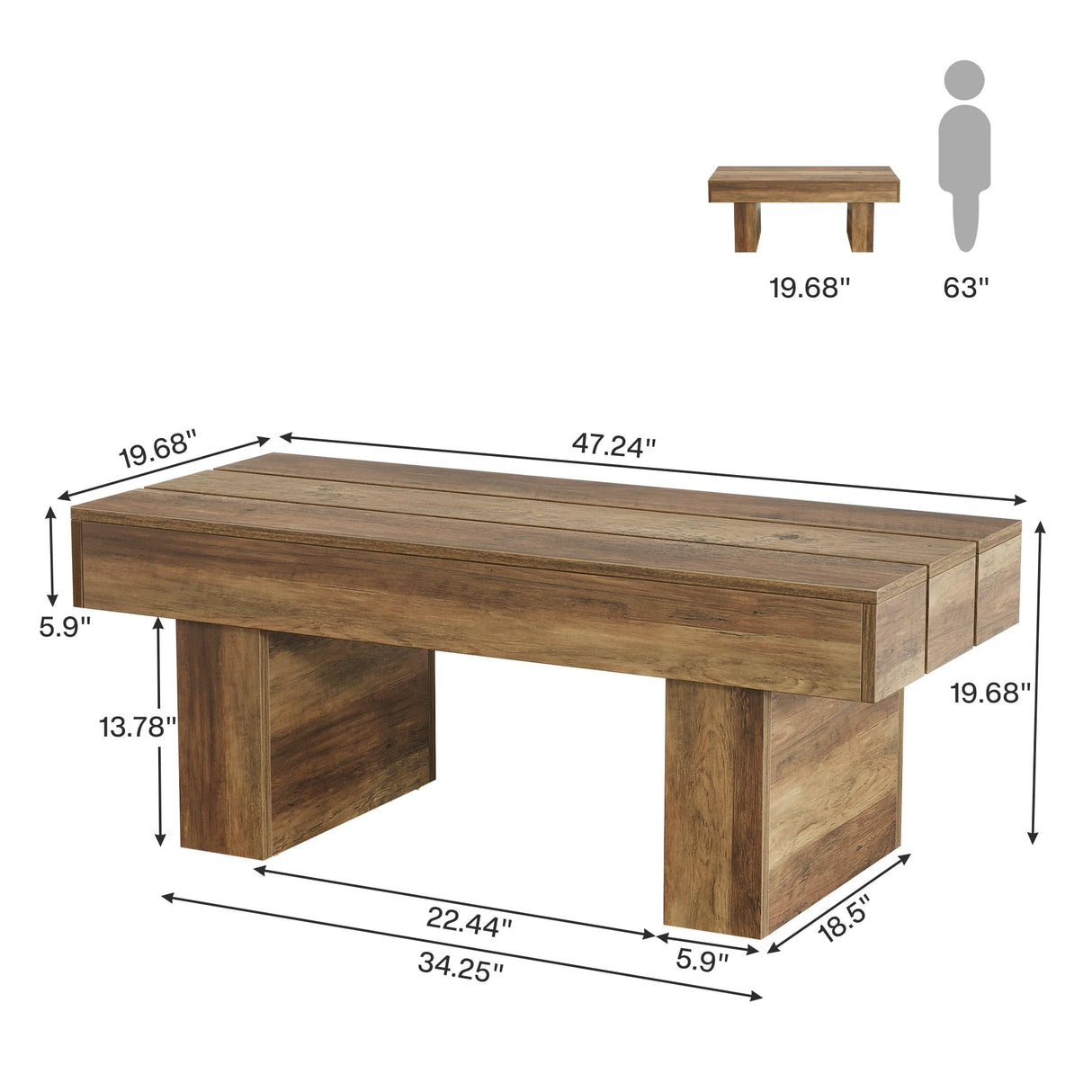 Tribesigns Rectangle Coffee Table, 47.24" Farmhouse Center Table with Slat Tabletop & Thick Base, Rustic Wooden Cocktail Tea Table for Living Room Apartment, Brown Tribesigns