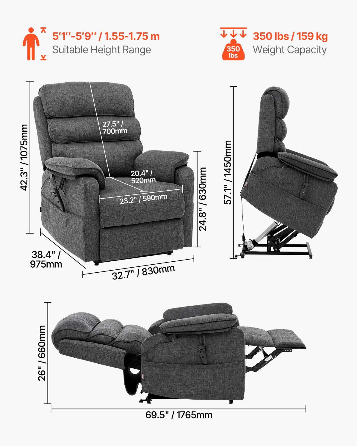 VEVOR Power Lift Recliner Chair, Dual Motor Lift Chair with Heat and Massage for Elderly, Infinite Position Adjustment Electric Recliner with 2 Anti-Fall Ropes (Medium, Dark Gray) VEVOR