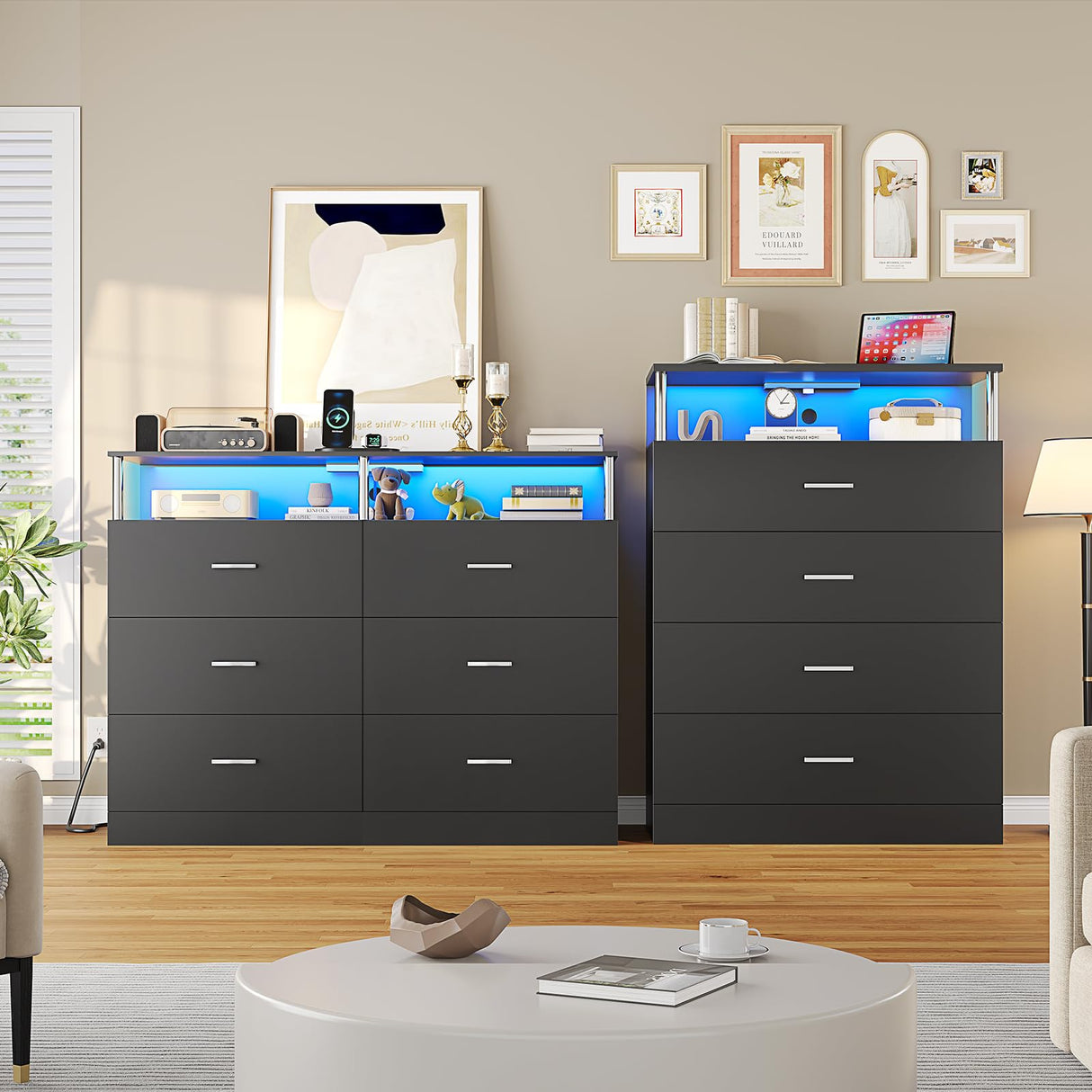 AOGLLATI Black Dresser for Bedroom with Charging Station, Bedroom Dressers with 4 Drawer, Dressers & Chests of Drawers with Column Design,Modern Led Wide Dresser for Living Room, Black AOGLLATI