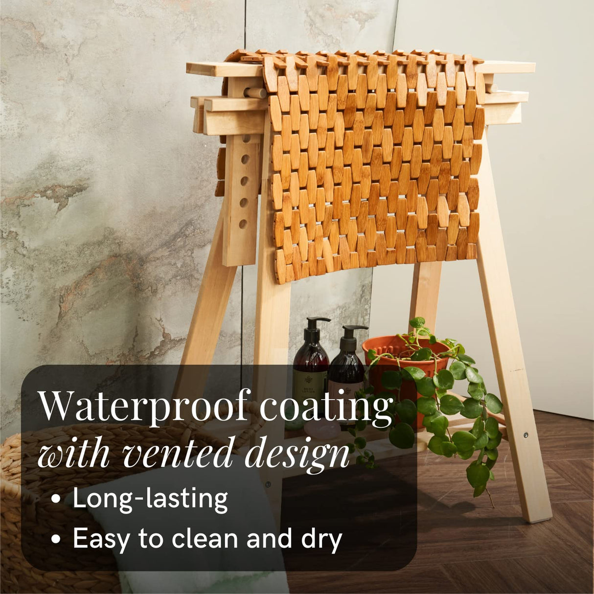 GOBAM Rollable Bamboo Bathroom Floor Mat - Non-Slip Bathtub Mat for Spa, Sauna, Kitchen, Outdoor Shower, RV, Water-Resistant Wooden Shower Mat - Natural, 23.6 x 15.7 inch GOBAM