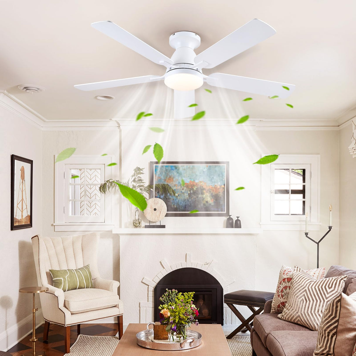 Ceiling Fans with Lights- 52" Low Profile Indoor Ceiling Fan with Light and Remote/APP Control, Flush Mount, LED Dimmable DC Reversible Modern Ceiling Fan for Bedroom(White) Mpayel