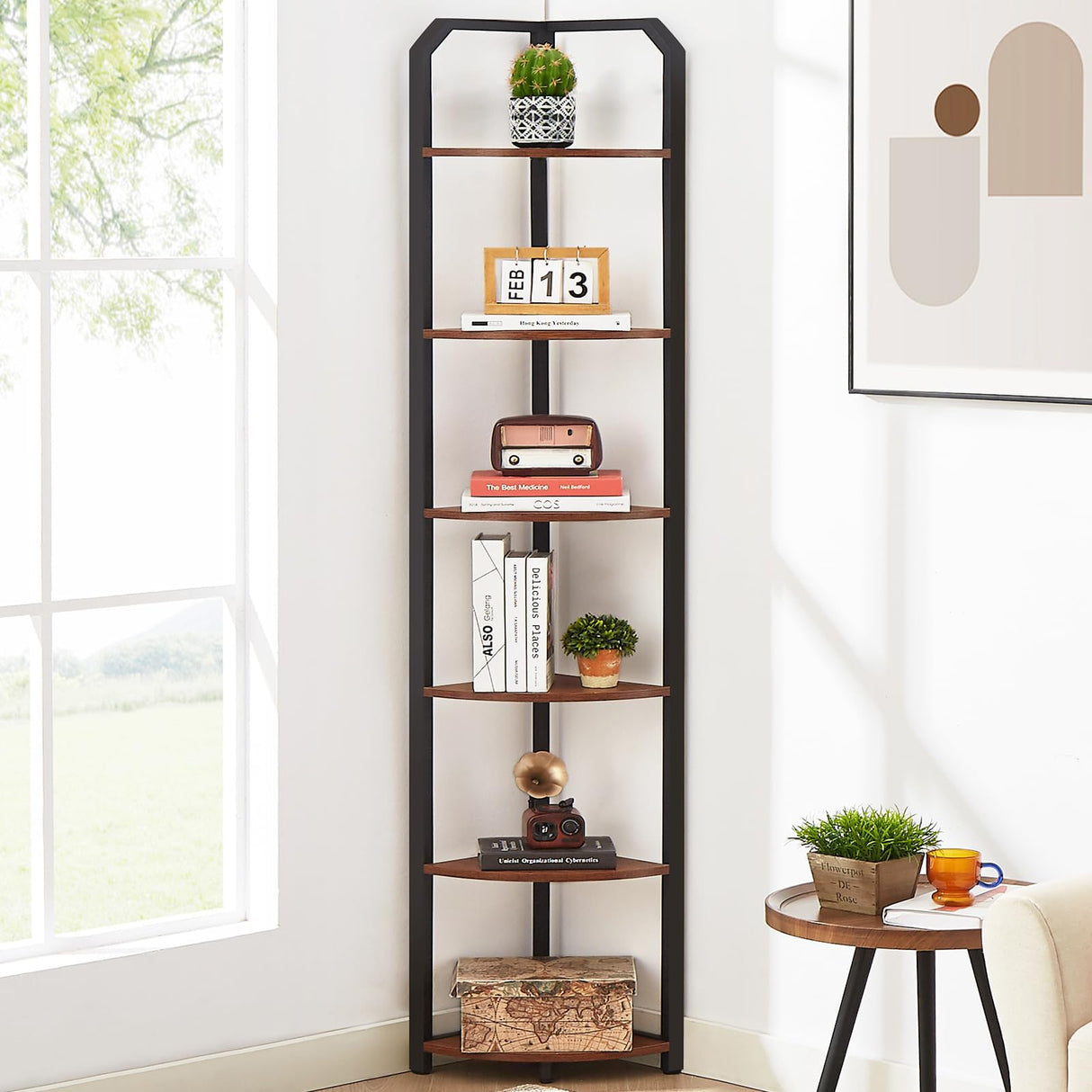 MNEETRUNG 71" Corner Shelf,6 Tier Industrial Corner Bookshelf, Freestanding Shelf Stand for Small Space,Home Office,Living Room,Bedroom,Brown MNEETRUNG