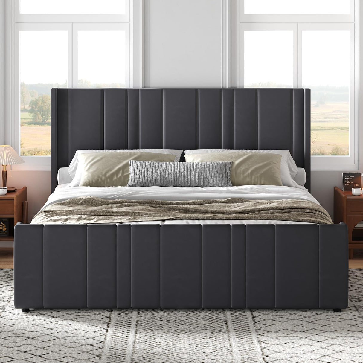 King Size Bed Frame and Headboard, Modern Velvet Upholstered Bed Frame with Vertical Channel Tufted Headboard & Footboard, Soft Bed Frame King, Noise Free, No Box Spring Needed, Easy Assembly, Grey HOMBCK