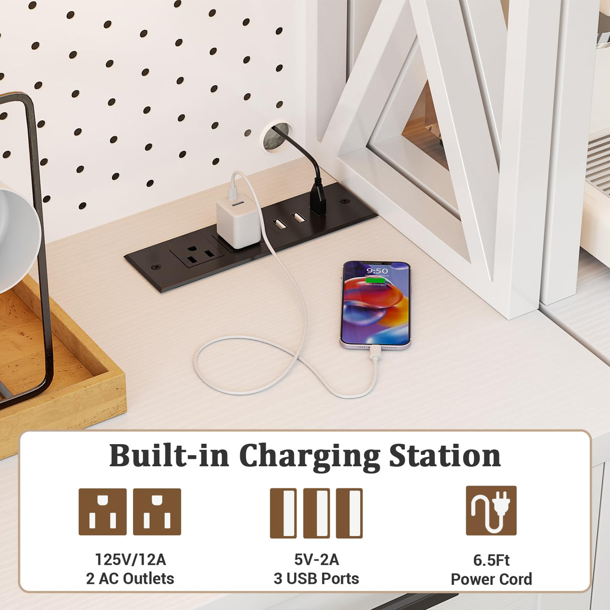 Unikito 71" Tall Kitchen Pantry Storage Cabinet with LED Light & Outlet, 63" Wide Kitchen Hutch Cabinet with Large Countertop, DIY Pegboard and Drawers, Farmhouse Food Pantry for Living Room, White Unikito