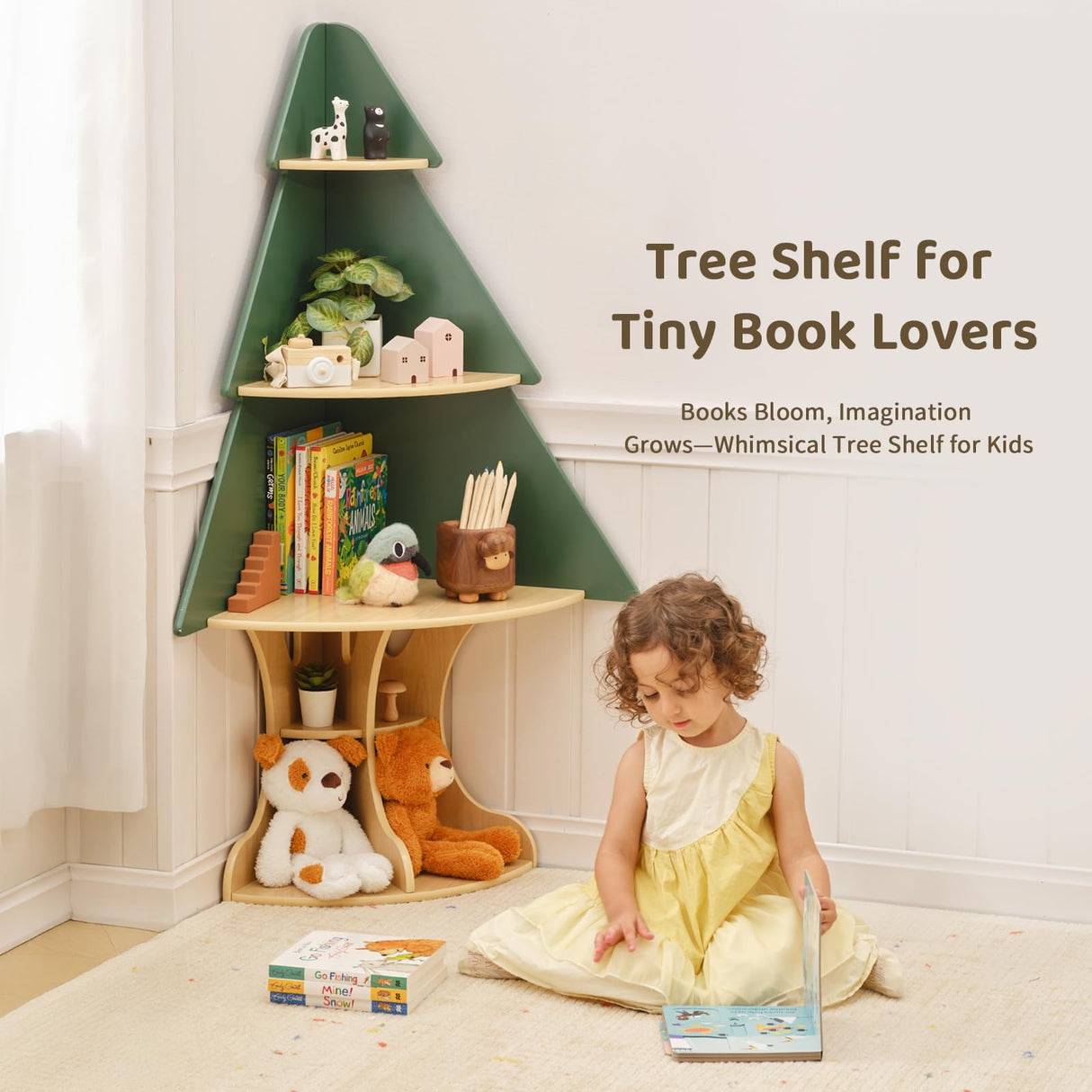 OOOK Kids Book Shelf Tree Bookshelf for Kids, Corner Bookshelf with Storage, Montessori Book Shelf for Classroom, Playroom, Bedroom, Nursery OOOK