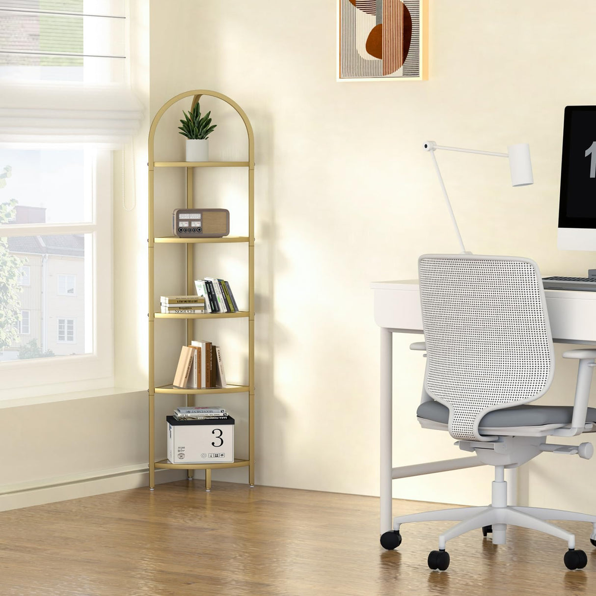 Homhedy 5-Tier Corner Shelf Stand, Metal Corner Bookshelf, Tempered Glass Shelves, Bathroom Storage Rack Shelf, Plant Stand, Modern Style,Golden Homhedy