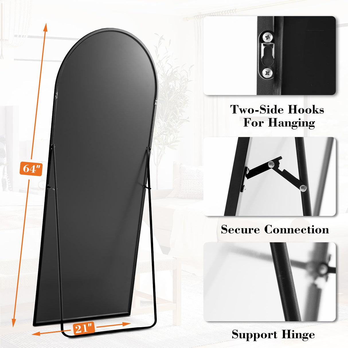 DUMOS Arched Full Length Mirror with Stand 64"x21" Floor Standing Aluminum Frame for Bedroom Body Hanging Leaning Modern Simple Home Decor Shatter-proorf Nano Glass Wall Living Room Cloakroom Black DUMOS