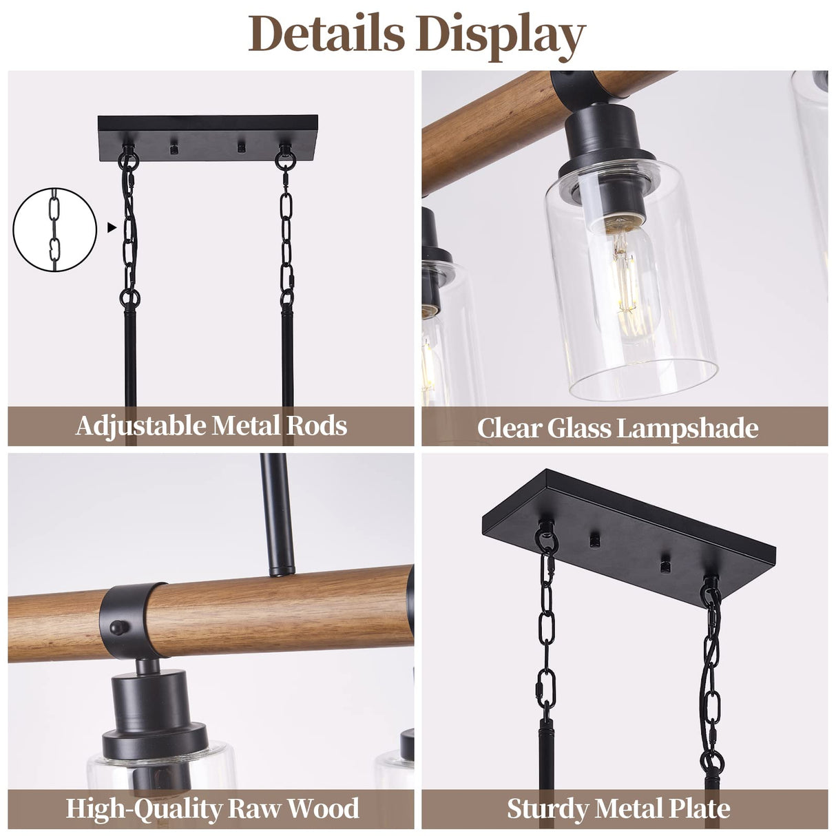 Dining Room Chandelier Over Table, 5-Light Farmhouse Kitchen Island Lighting, Matte Black Rustic Wood Chandelier with Clear Glass Shade, Ceiling Pendant Light Fixture for Kitchen maesta