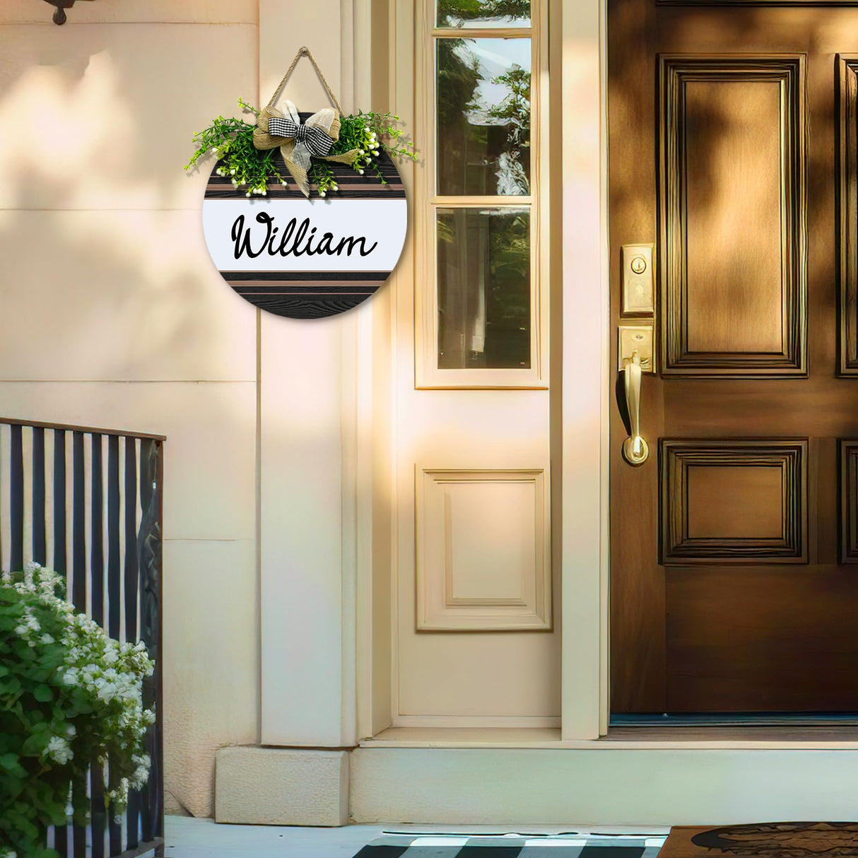 Dacawin Personalized Front Door Signs with Wreath Custom Rustic Family Name Round Wooden Sign with Bow Welcome Farmhouse Customized Hello Door Hanging Sign for Home Wall Outdoor Indoor 12x12 Inch Dacawin