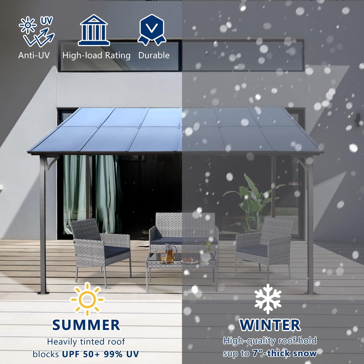 10x12 FT Outdoor Gazebo for Patio - Wall-Mounted Lean to Metal Awning with Sloped Roof, Large Heavy Duty Awnings Waterproof Shed Hardtop Gazebo Backyard Shade for Patio, Decks, Backyard, Grey JYH