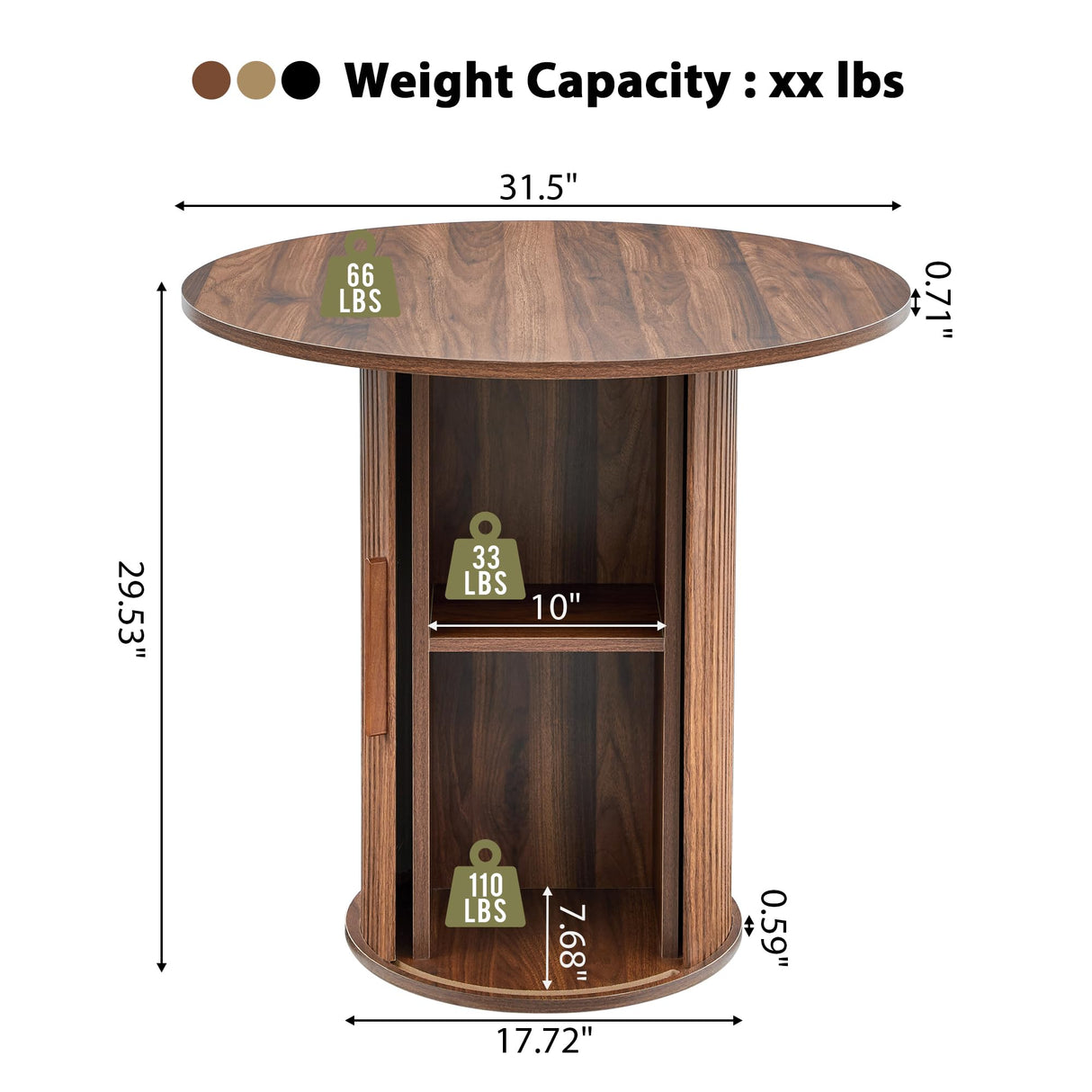 31.5" Round Dining Table for 2-4, Modern Farmhouse Kitchen Table with 2-Tier Storage Shelf, Small Wooden Circle Dining Tables with Fluted Base for Home Dining Room Living Room (Walnut) weselon