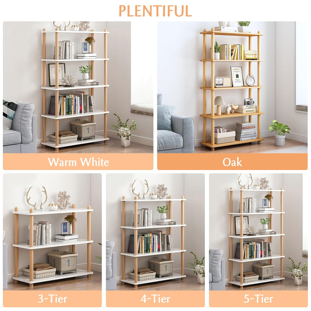 IOTXY 5-Tier Wooden Shelf Bookcase - Modern Open Bookshelf, Free Standing Storage Rack, Multifunctional Display Stand for Home and Office, Oak, Rectangle IOTXY