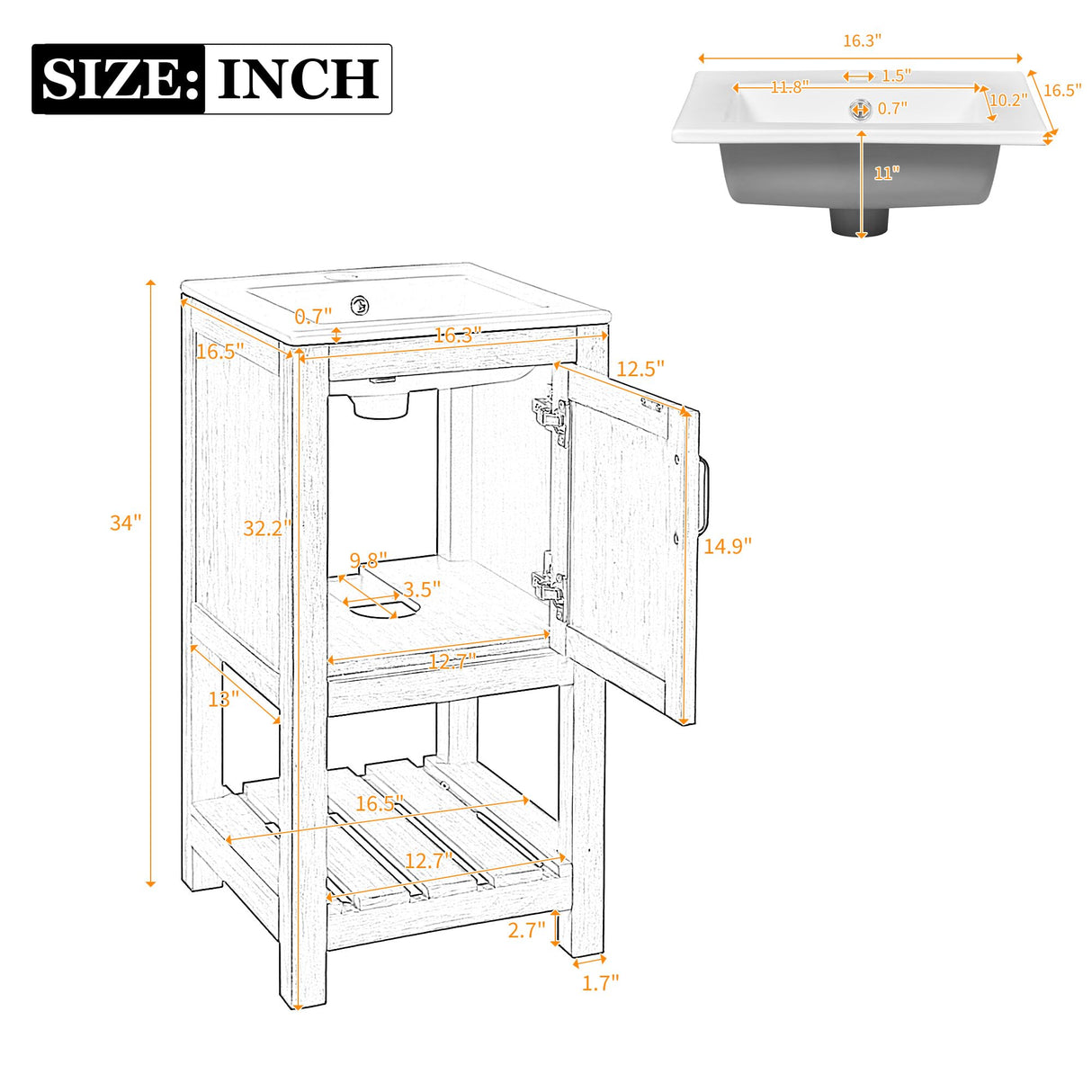 Merax 16" Farmhouse Bathroom Vanity with Sink, Freestanding Small Bathroom Vanity Storage Cabinet with Open Shelf, Solid Wood Frame, Ceramic Sink Merax
