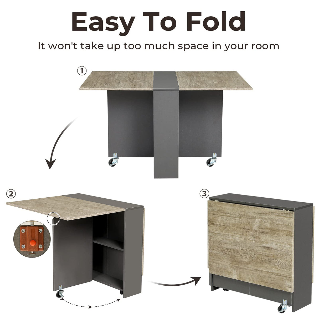 Tiptiper Folding Dining Table with 2 Storage Racks, Drop Leaf, 6 Wheels, Multifunction Expandable Table for Kitchen, Bedroom, Living Room Tiptiper