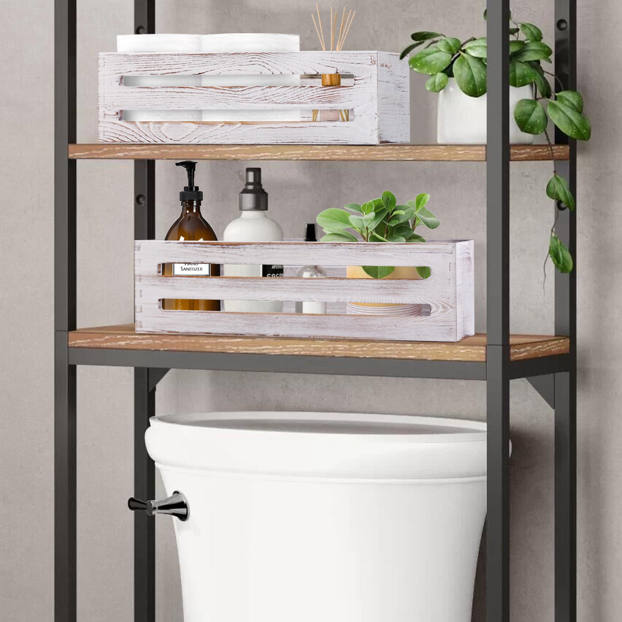 LotFancy Bathroom Decor Box, 2 Pack Wooden Toilet Paper Holder, White Toilet Storage Basket for Back of Toilet, Farmhouse Toilet Tank Topper LotFancy