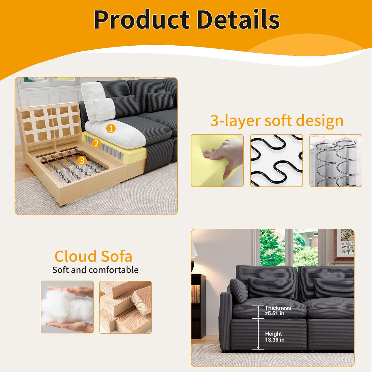 ISHUHL Cloud Modular Sectional Sofa, 124" Oversized Sectional Couches for Living Room, Convertible Deep Seat Sofa Set, Corduroy U Shaped Couch with 2 Ottoman (Dark Grey) ISHUHL