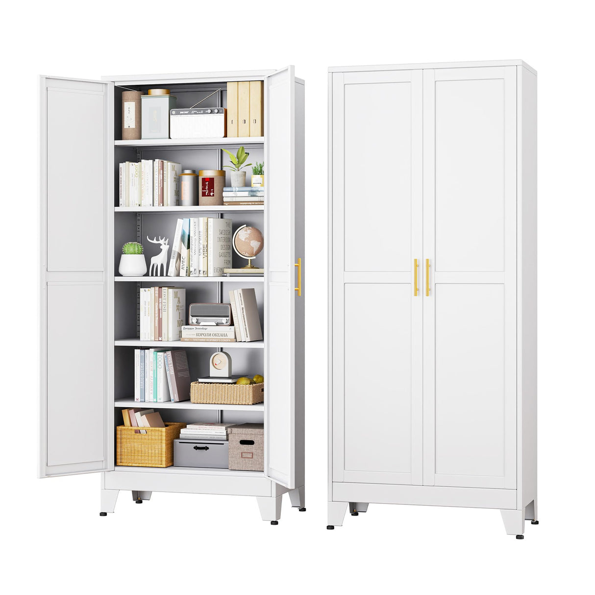 RISTERN White Metal Storage Cabinet,75" Steel File Cabinet for Home Office, Kitchen Pantry Storage Cabinet with Doors and 5 Adjustable Shelves, Tool Cabinet, for Office, Home, Garage, School RISTERN