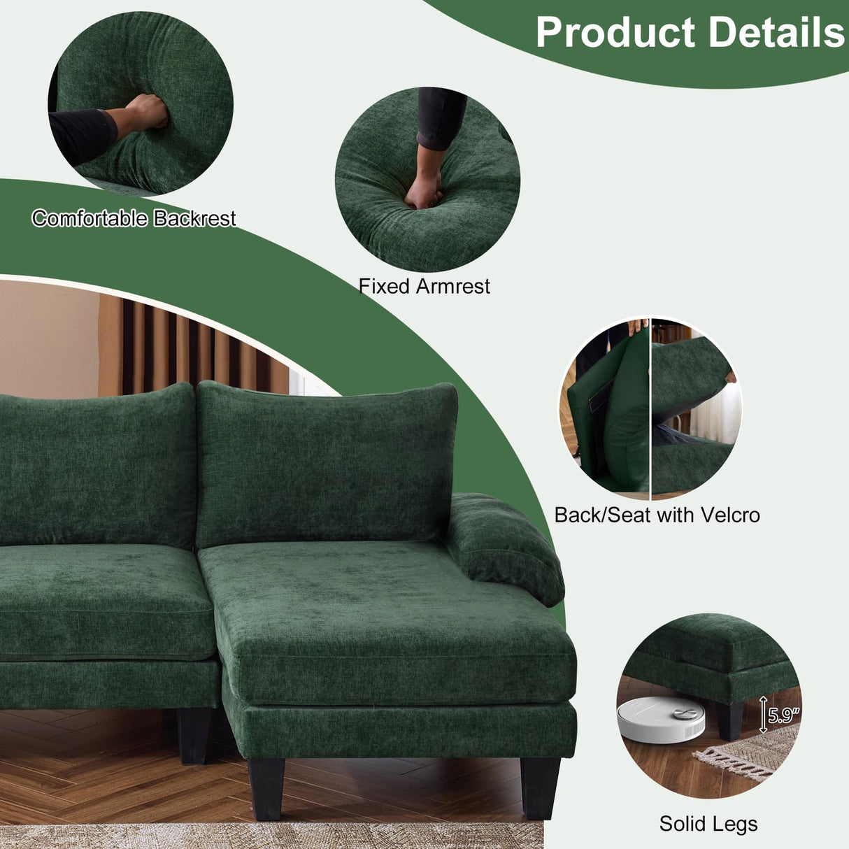 Karl home U-Shape Sectional Sofa Couch 111" Modern 4-Seat Sofa with Chaises Chenille Fabric Upholstered Covertible Couch with Wood Grain Legs for Living Room, Reception Room, Apartment, Green Karl home