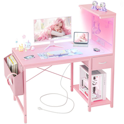 TIQLAB Gaming Desk 40 inch with Power Outlet and LED Light, Computer Desk with Reversible Shelves and Storage Drawer, Small PC Desk for Home Office Table with Bag, Carbon Fiber Pink