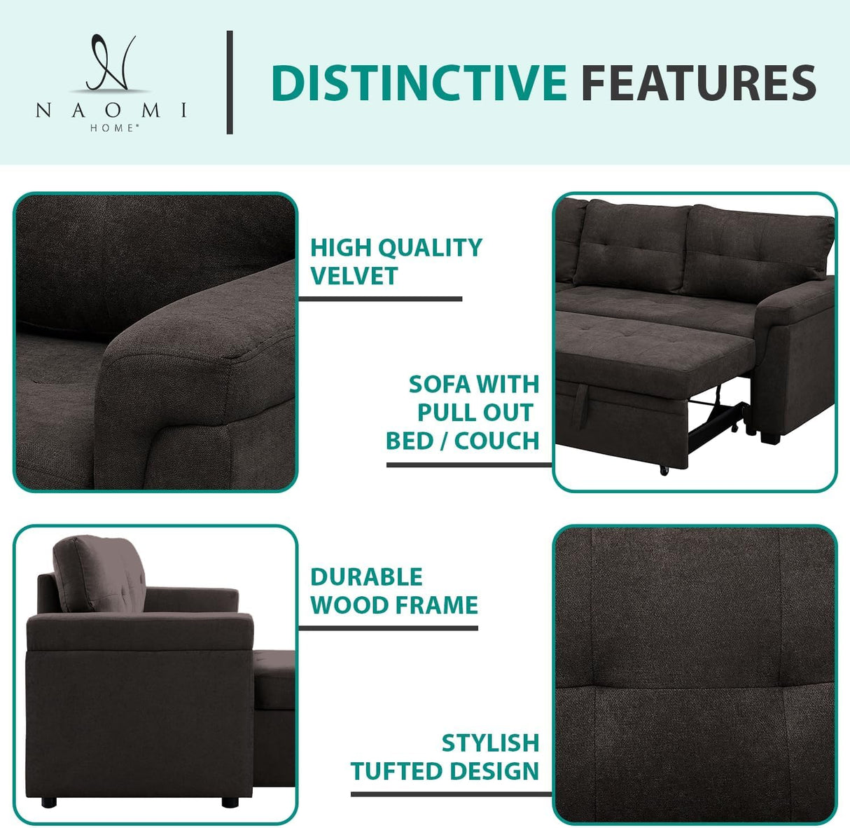 Naomi Home Jenny Tufted Sectional Sofa Sleeper with Storage Chaise, Pull-Out Couch with Storage, Sectional Sofa Bed, L-Shaped Reversible Sleeper Sofa with Storage, Dark Brown, Velvet Naomi Home