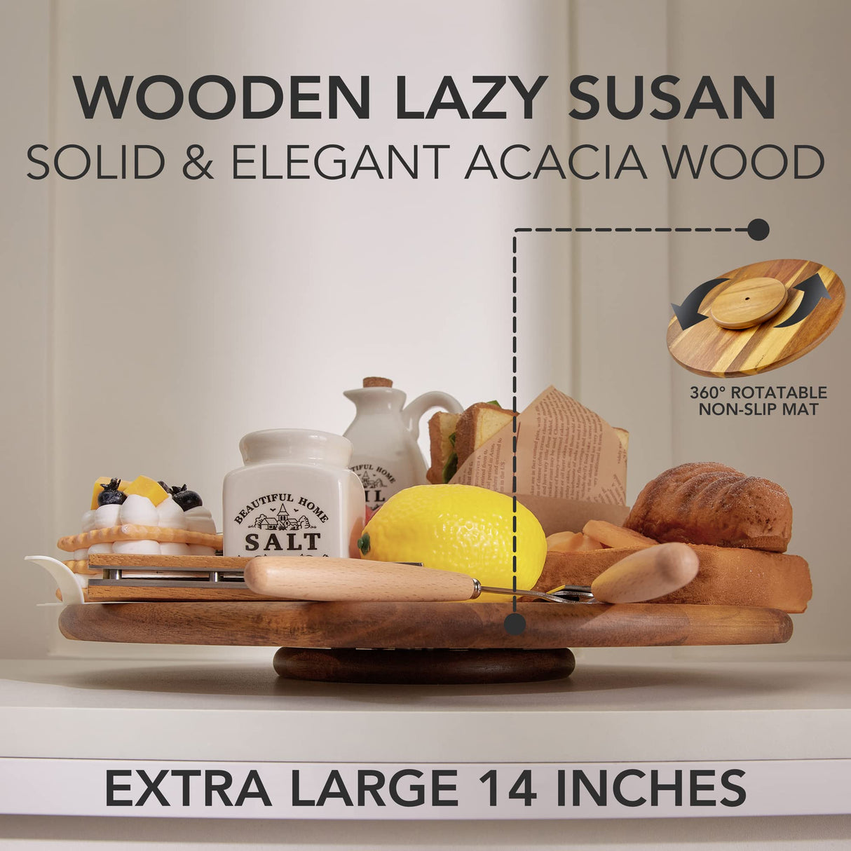 ORIDOM Acacia Wood Lazy Susan, Wood Turntable Tray Cabinet Organizer,14" oridom