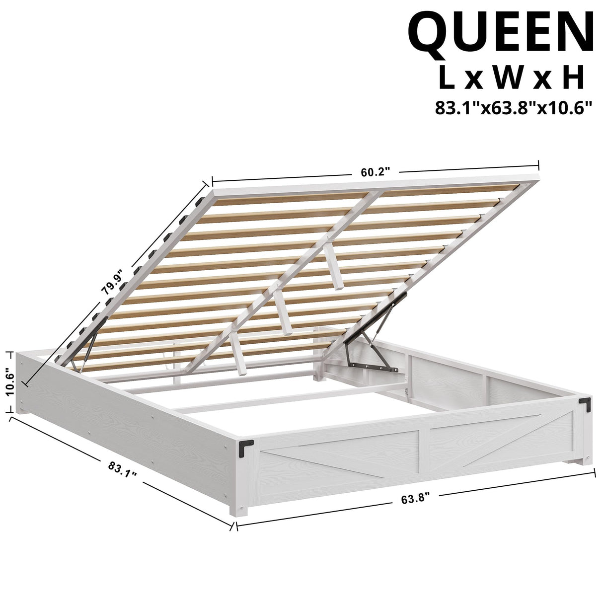 LIKIMIO Platform Queen Size Bed Frame, Farmhouse Bed Frames with Lift Up Storage, Wooden Slats, Sturdy and No Noise, Easy Assembly, White LIKIMIO