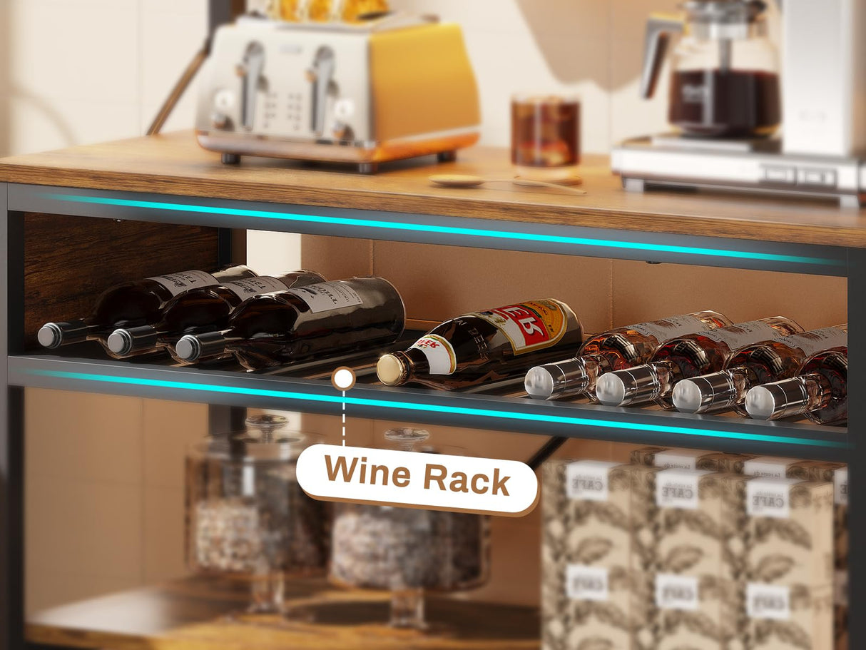 Itaar Bakers Rack with Power Outlet, 6-Tier Coffee Bar, Microwave Stand with Wine Rack, LED Lights and 10 Hooks, Bakers Racks for Kitchens with Storage, Rustic Brown Itaar