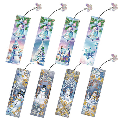 8 Pcs 5D Diamond Art Bookmarks for Reading Lovers, Handmade DIY Diamond Painting Book Marks with Tassels for DIY Making Beginners Adults Arts Craft Supplies (Snowman)