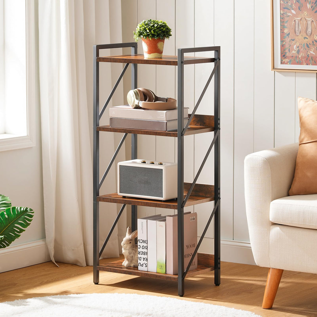 HOOBRO Bookshelf, 4-Tier Industrial Bookcase, Book Shelf Storage Organizer, Small Bookshelf with Metal Frame for Living Room, Bedroom, Home Office, Kitchen, Rustic Brown and Black BF40SJ01 HOOBRO